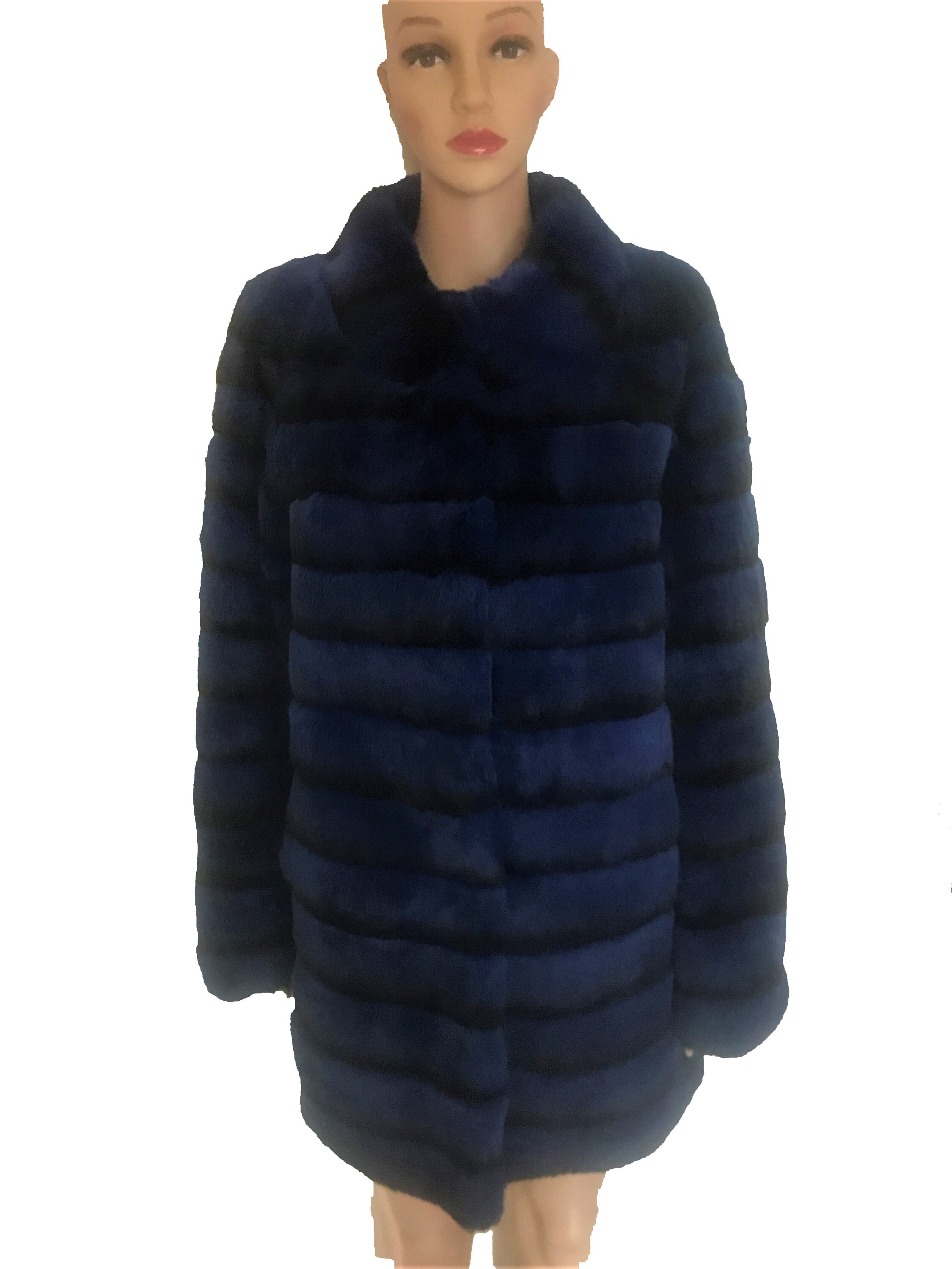 Women's Chinchilla Real Rex Rabbit Fur Coat Striped Jacket Thick Hooded  Overcoat