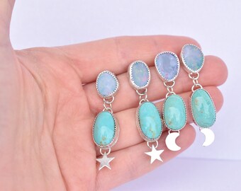 Australian Opal x Turquoise Mountain Star And Moon Dangle Stud Earrings