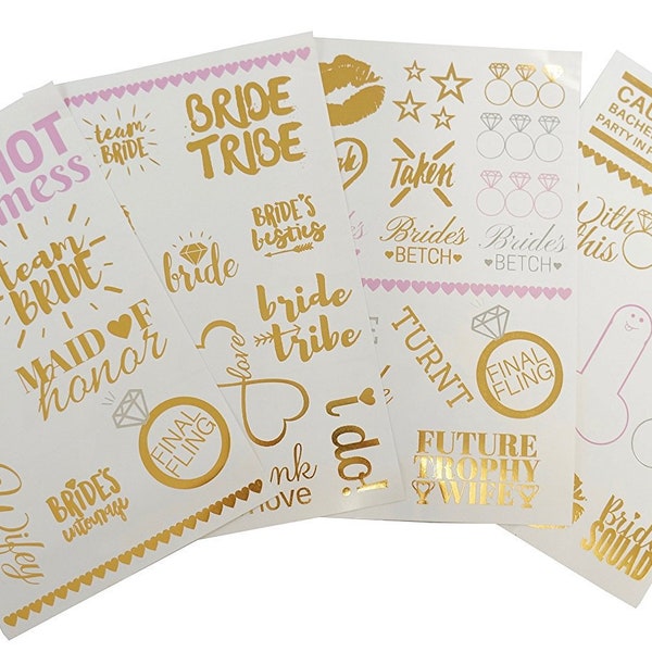 Temporary Tattoos Bride Tribe Bachelorette Party Favors  Supplies Gifts 60+ Tattoos Metallic, 4 Sheets of Designs