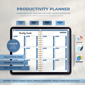 May include: A digital productivity planner with a blue and white color scheme. The planner features a yearly goals section with nine boxes for writing down goals. The planner is compatible with iOS and Windows devices and can be used with Goodnotes, Noteshelf, Doc, and Xodo.