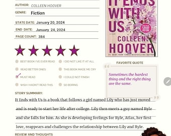 Book Review Template Printable, Book Review Journal, Book Review Page, 5 Colors,  PDF