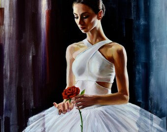 Example for commission! A ballet dancer with a red rose, original figurative art, 70x50 cm.