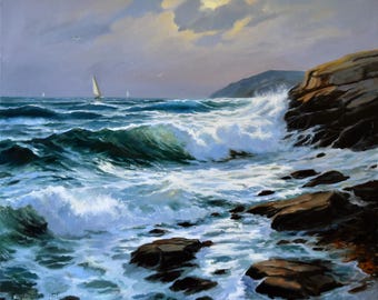 Seascape painting, Original seascape artwork, Crushing waves, Ocean art, Evening seascape, Sea waves art, 50x60 cm.