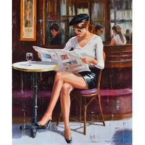 Woman portrait painting, Woman in restaurant art, Original woman artwork, Girl in café painting Woman in Paris art  60x50 cm.