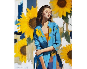 ひまわりを持つシュールな女性の油絵、フランスの肖像画 - Etsy 日本