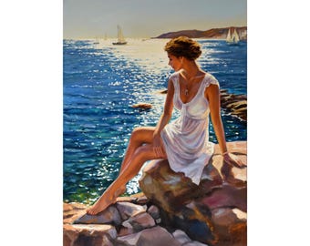 Impressionist Woman Seascape Painting: Mediterranean Art, 80x60 cm