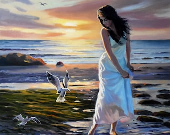 Original Oil Seascape Painting: Woman and Seagulls at Sunset (70x60 cm)