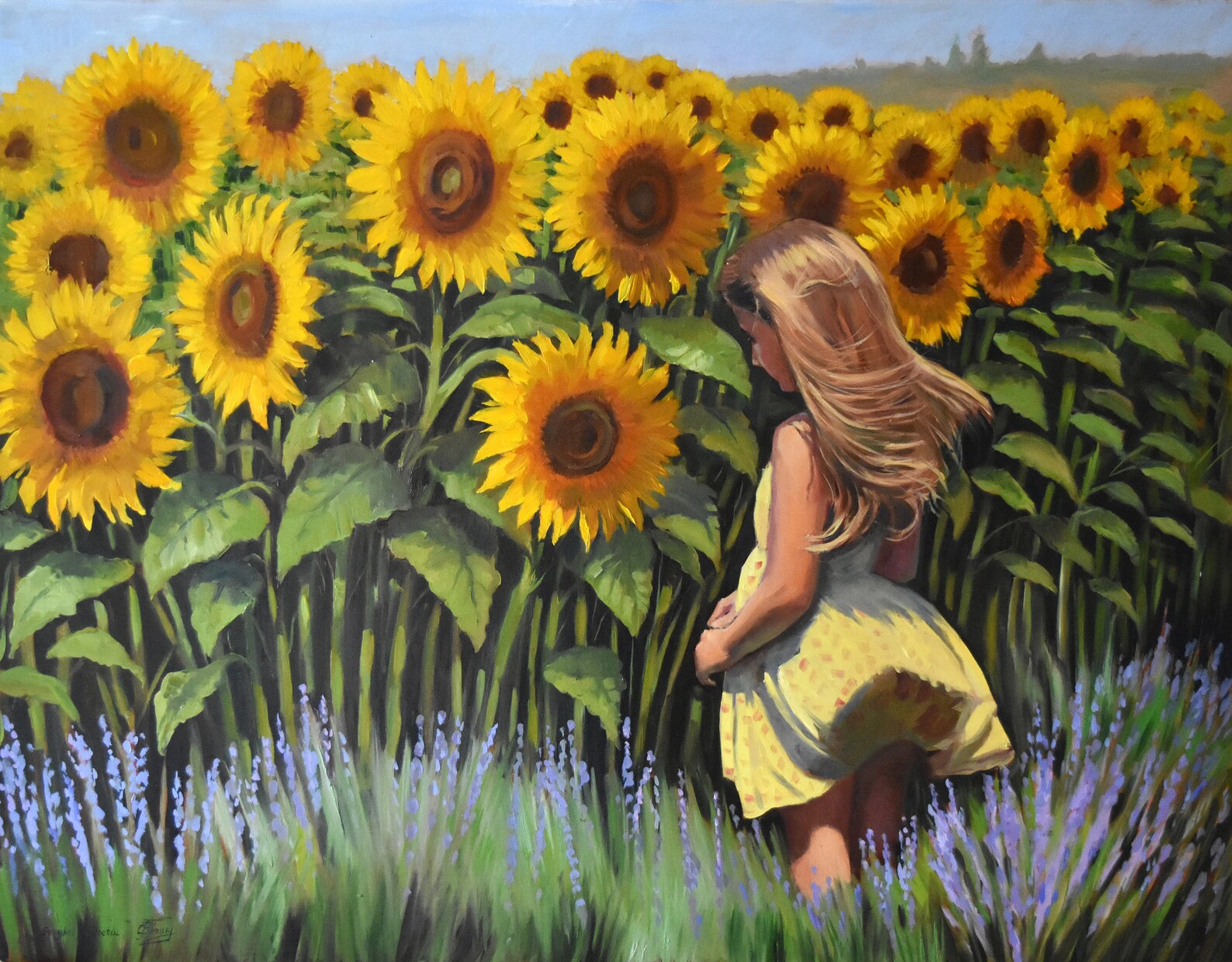 Sunflower Painting, Original Sunflowers Artwork, Girl Portrait Artwork