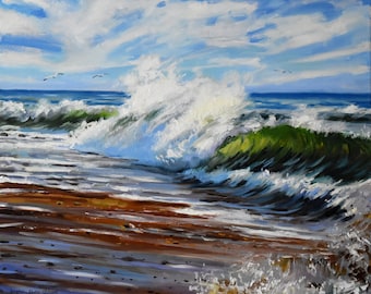 Stormy Seascape Oil Painting: Crashing Waves Art (50x60 cm)