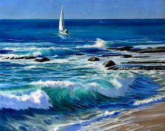 EXAMPLE! On the coast, original seascape with waves and yacht, 50x60 cm.