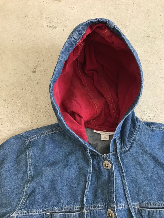 Denim jacket with red hoodie sale