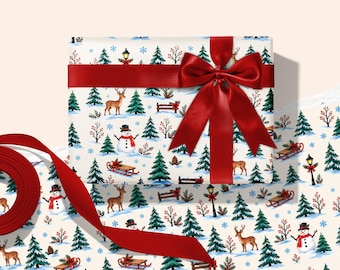 Winter Christmas Wrapping Paper, Festive Gift Holiday Present Wrapping Paper, White Winter Christmas Gift Wrap, Kids Xmas Gift Wrap Roll