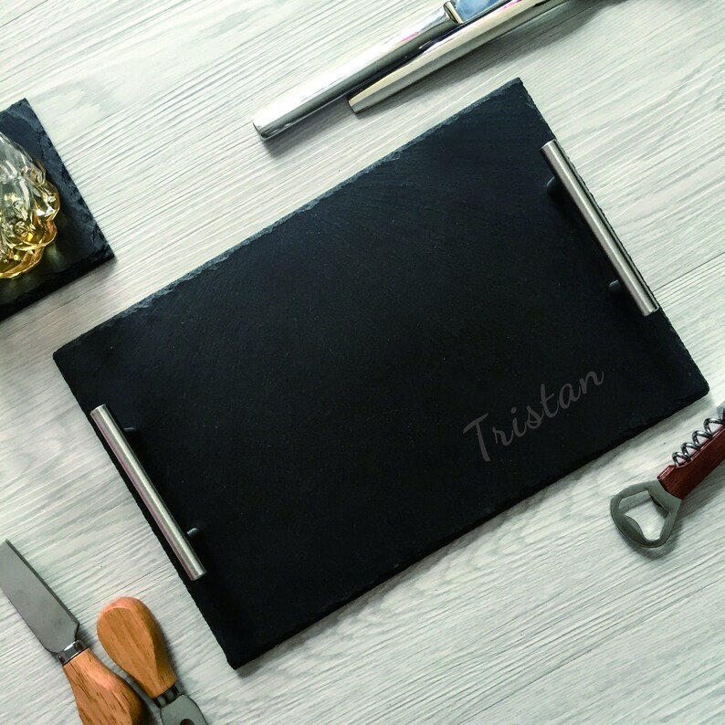 Personalized Slate Cheese Board With Handle Laser Engraved Serving Tray