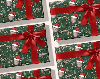 Custom Face Christmas Wrapping Paper Green Christmas Gift Wrapping Paper with Santa Hat Personalized Photo Gift Wrap Custom Name Wrap Roll