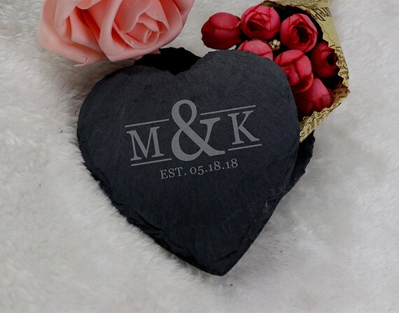 Personalized Heart Slate Coasters Set Custom Initials Etsy