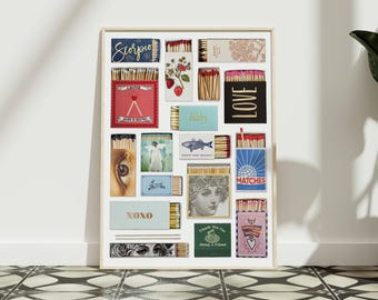 Vintage Matchbox Wall Art Print, Retro Matchbook Poster, Unframed Physical Print, Dopamine Decor, Anniversary or Birthday Gift for Couples