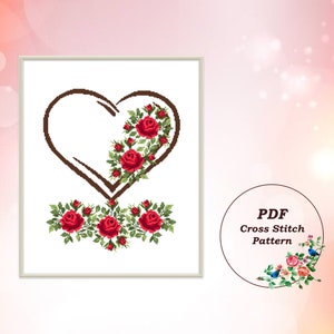 Heart Wreath with Red Roses - Modern Cross Stitch Pattern PDF, Floral Cross Stitch Design, Counted Cross Stitch Chart, Instant Download #188