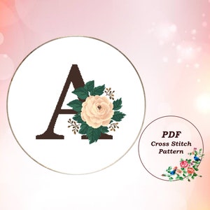 Letter A with White Rose - Cross Stitch Pattern PDF, Floral Monogram Cross Stitch Design, Counted Cross Stitch Chart, Instant Download #317