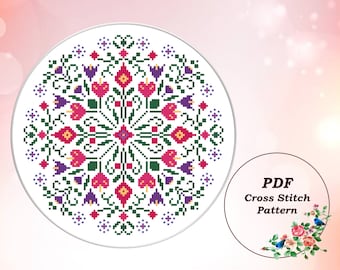 Mandala floral moderne, point de croix, motif PDF, broderie de fleurs, conception ukrainienne, coussin, grille de points comptés, téléchargement immédiat #935