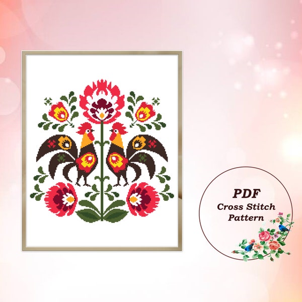 Folklore Roosters Modern Cross Stitch Pattern PDF Polish Folk Ethnic Traditional Floral Ornament Embroidery Pillow Instant Download #208