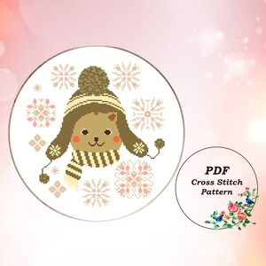 Kitten in a Hat with Snowflakes - Counted Cross Stitch Pattern PDF, Modern Winter Primitive Cross Stitch Design, Instant Download #364