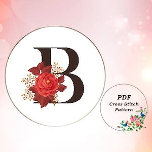 Letter B with Red Rose - Counted Cross Stitch Pattern PDF, Modern Floral Monogram Cross Stitch Design, Instant Download #801