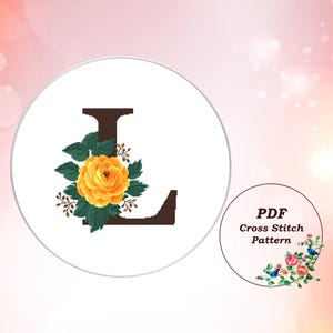Letra L con rosa amarilla - Patrón de punto de cruz en PDF, inicial personalizada, diseño de punto de cruz con monograma floral, descarga instantánea n.° 683