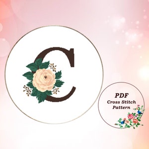 Letter C with White Rose - Counted Cross Stitch Pattern PDF, Floral Monogram Cross Stitch Design, Instant Download #319