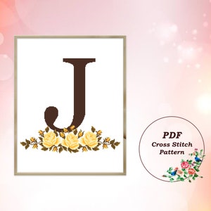 Letter J with a Wreath of Yellow Roses - Counted Cross Stitch Pattern PDF, Floral Modern Cross Stitch Design, Instant Download #135