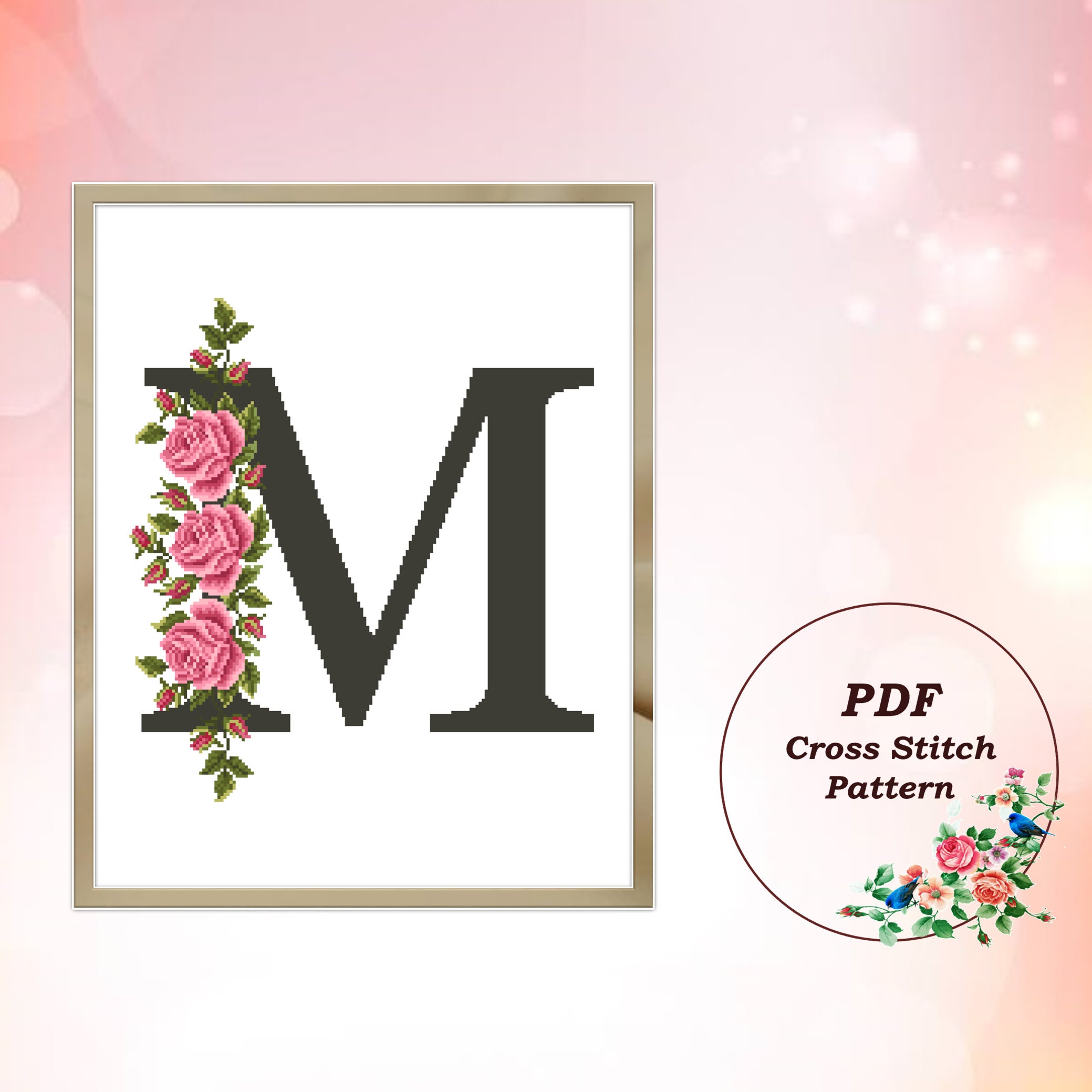 Vintage jeweled letter M monogram floral nursery bridal baby shower mosaic  art