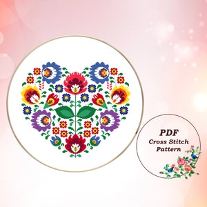 Heart Modern Cross Stitch Pattern PDF Folk Polish Traditional Floral Ornament Ethnic Flower Design Embroidery Pillow Instant Download #202