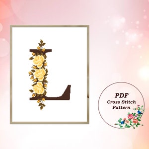 Letra L con una corona de rosas amarillas - Patrón de punto de cruz moderno en PDF, diseño de monograma floral en punto de cruz, descarga instantánea n.° 140