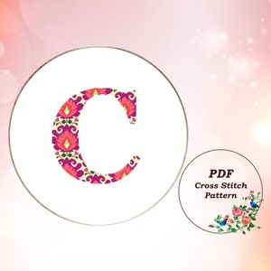 Letter C Cross Stitch Pattern PDF Monogram Polish Floral Primitive Ornament Personalized Initial Modern Flower Design Instant Download #442