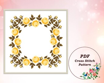 Flower Wreath Modern Cross Stitch Pattern PDF. Embroidery Design with Yellow Roses. Counted Cross Stitch Chart. Instant Download #181