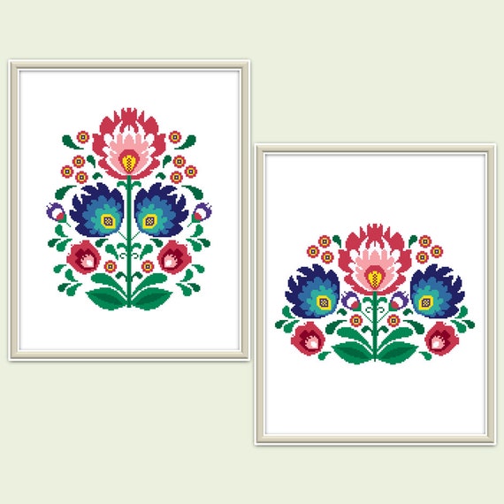 Set of 2 folk floral cross stitch patterns PDF Modern Polish folk ornament cross stitch Ethnic wycinanki Instant download PDF #484+485