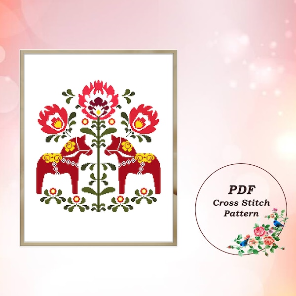 Scandinavian Dala Horses Cross Stitch Pattern PDF Folk Traditional Ethnic Floral Ornament Counted Cross Stitch Chart Instant Download #0227