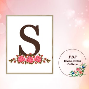 Letter S with Wreath of Bright Red Roses - Modern Cross Stitch Pattern PDF, Floral Cross Stitch Design, Instant Download #1026