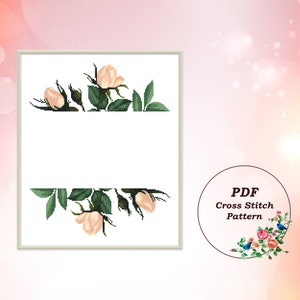 Floral Border - Modern Cross Stitch Pattern PDF, Wreath with Roses, Flower Frame Design, Counted Cross Stitch Chart, Instant Download #76
