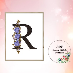 Buchstabe R mit blauen Rosen - modernes Kreuzstichmuster PDF, perfektes personalisiertes Geschenk, Monogramm Design, Sofortdownload #1252