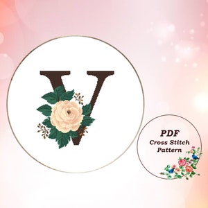 Letter V with White Rose - Modern Cross Stitch Pattern PDF, Counted Cross Stitch Chart, Instant Download #253