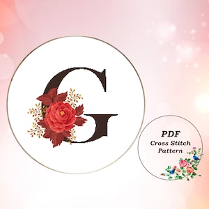 Buchstabe G mit roter Rose - Modernes Kreuzstichmuster PDF, Monogramm Kreuzstich Design, Instant Download #1272