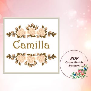 Set of 2 Modern Cross Stitch PDF Patterns - Name CAMILLA & Alphabet, Floral Customizable Personalized Design, Instant Download #0144