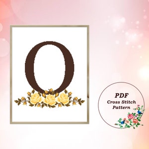 Letter O with a Wreath of Yellow Roses - Counted Cross Stitch Pattern PDF, Floral Monogram Cross Stitch Design, Instant Download #136