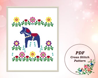 Blue Swedish Dala Horse Cross Stitch Pattern PDF Nordic Design Scandinavian Folk Art Counted Cross Stitch Chart Instant Download #0506