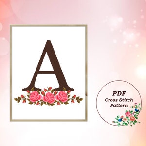 Floral Letter A Cross Stitch Pattern PDF Monogram Wreath Red Roses Embroidery Flower Design Personalized Initial Instant Download #1029