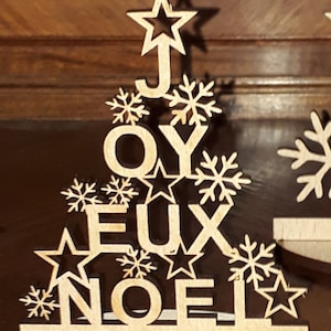 Sapin de table Joyeux Noel ou décoration murale.  Hauteur 10 cm ou 30 cm. MDF brut ou Erable ou Hêtre ou Merisier.  Franco de Port