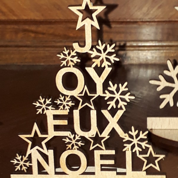 Sapin de table Joyeux Noel ou décoration murale.  Hauteur 10 cm ou 30 cm. MDF brut ou Erable ou Hêtre ou Merisier.  Franco de Port