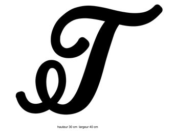May include: Black and white stylized letter T in a cursive font. The letter is 30 inches tall and 40 inches wide.