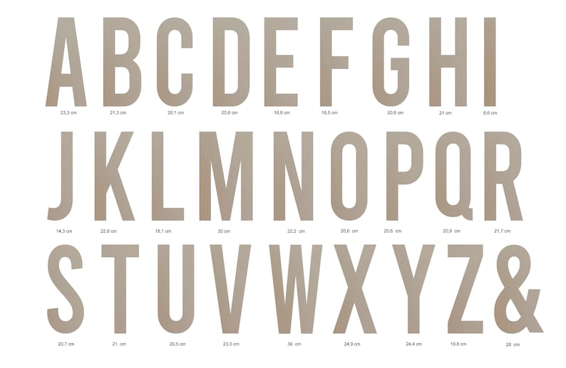 May include: A set of brown cardboard letters and ampersand, ranging in size from 8.8 cm to 30 cm. The letters are arranged in alphabetical order.