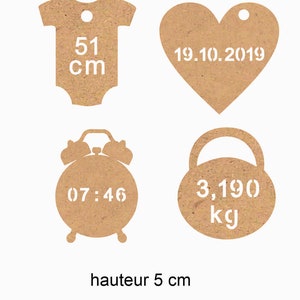 Lot of 4 embellishments to customize in MDF 3mm open or engraved of your choice. Birth theme. Height 5 cm. Franco port.